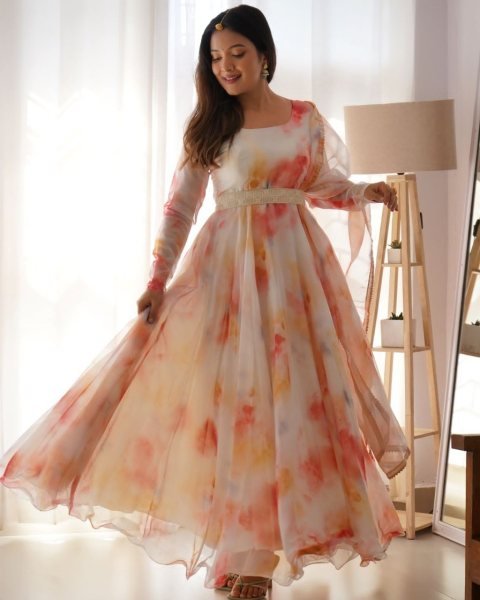 White Color Printed Fox Georgette Gown With Dupatta   Kurti With Dupatta Wholesale