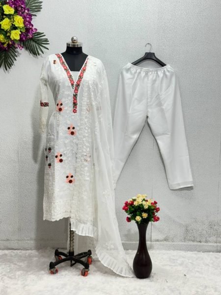 White Color Pure Organza Kurti Pant With Dupatta  3 Piece Kurti Set