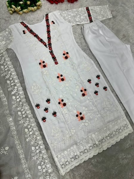 White Color Pure Organza Kurti Pant With Dupatta  3 Piece Kurti Set
