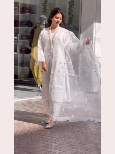 White Color Pure Organza Kurti Pant With Dupatta  3 Piece Kurti Set