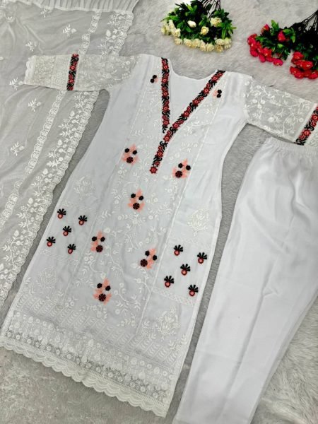 White Color Pure Organza Kurti Pant With Dupatta  3 Piece Kurti Set