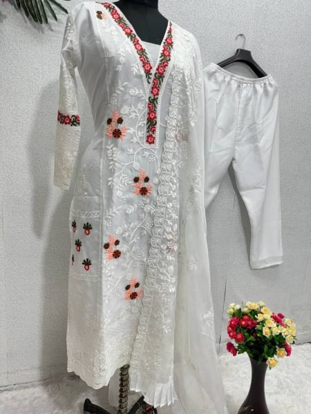 White Color Pure Organza Kurti Pant With Dupatta  3 Piece Kurti Set