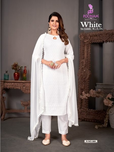 White Color Pure Rayon Chikan Work Kurti Pant With Dupatta Lucknowi Chikankari Kurtis Wholesale