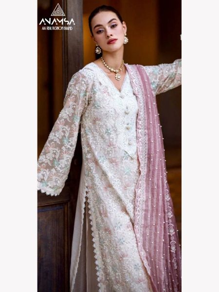 White Color Rayon Cotton With Heavy Embroidered Suits  Embroidery Suits Wholesale