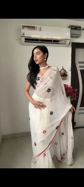 White Color Soft Georgette Heart Shape Design Ready To Wear Saree Ready To Wear Saree 