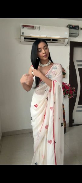 White Color Soft Georgette Heart Shape Design Ready To Wear Saree Ready To Wear Saree 