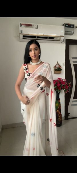 White Color Soft Georgette Heart Shape Design Ready To Wear Saree Ready To Wear Saree 