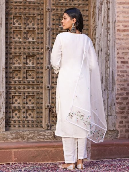 White Color Viscose Chanderi Kurti Pant With Dupatta  3 Piece Kurti Set