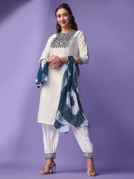 White Color Viscose Rayon Kurti Pant With Dupatta Ready To Wear Collection