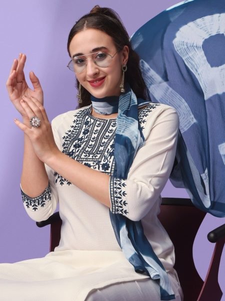 White Color Viscose Rayon Kurti Pant With Dupatta Ready To Wear Collection