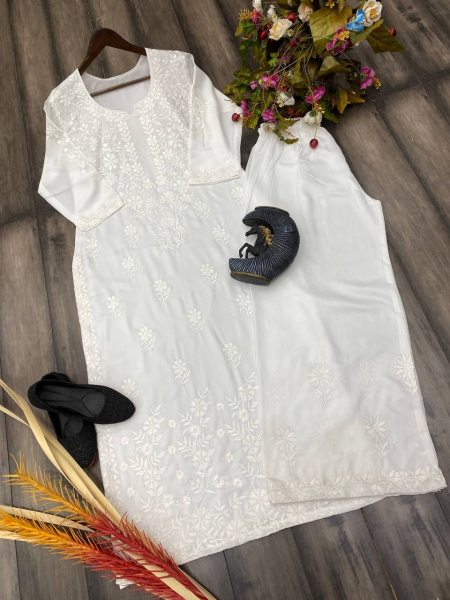 White Cotton Chikankari Kurta With Palazzo Kurti With Bottom Wholesale