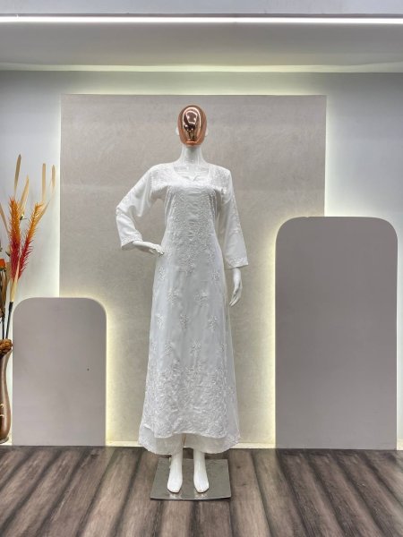 White Cotton Chikankari Kurta With Palazzo Kurti With Bottom Wholesale