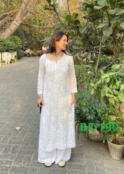 White Cotton Chikankari Kurta With Palazzo Kurti With Bottom Wholesale