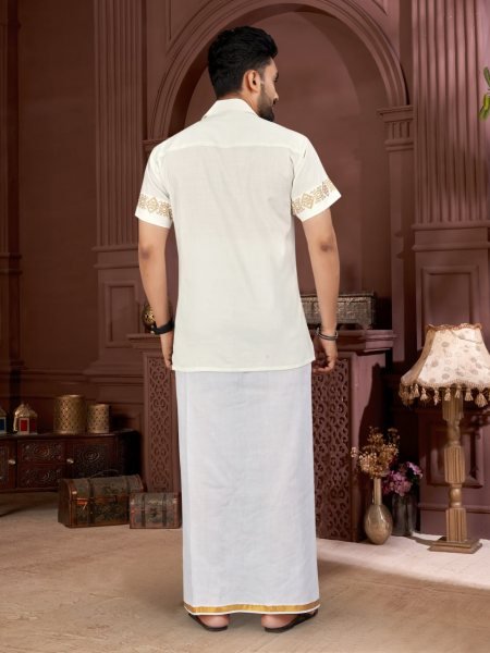 White Cotton Foil Print Shirt with Matching Dhoti Perfect for Celebrations Mens Shirt