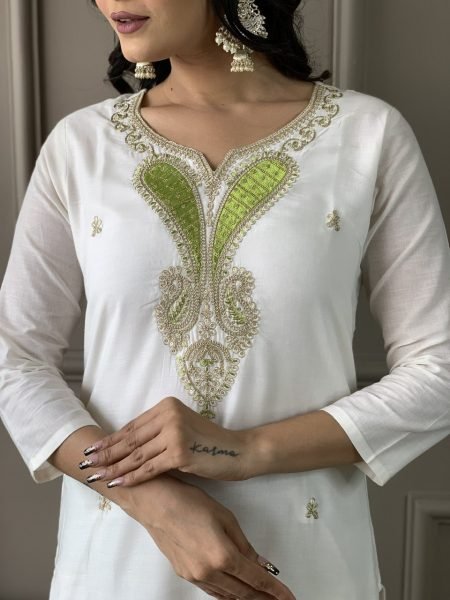 White Designer Viscos Chanderi Kurti  set with Embroidery Neck Work 3 Piece Kurti Set