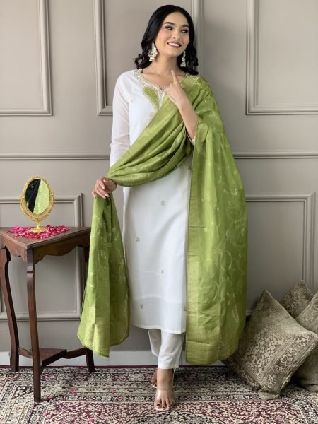 White Designer Viscos Chanderi Kurti  set with Embroidery Neck Work 3 Piece Kurti Set
