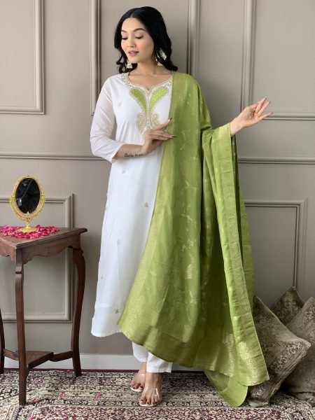White Designer Viscos Chanderi Kurti  set with Embroidery Neck Work 3 Piece Kurti Set