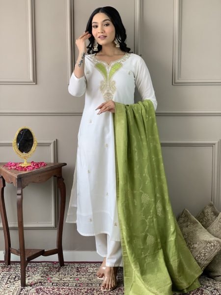 White Designer Viscos Chanderi Kurti  set with Embroidery Neck Work 3 Piece Kurti Set