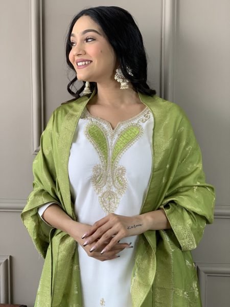 White Designer Viscos Chanderi Kurti  set with Embroidery Neck Work 3 Piece Kurti Set