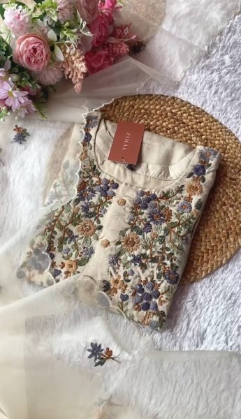 White Embroidered Silk Kurti Set With Dupatta 3 Piece Kurti Set
