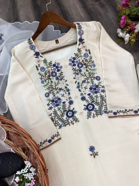 White Embroidered Silk Kurti Set With Dupatta 3 Piece Kurti Set