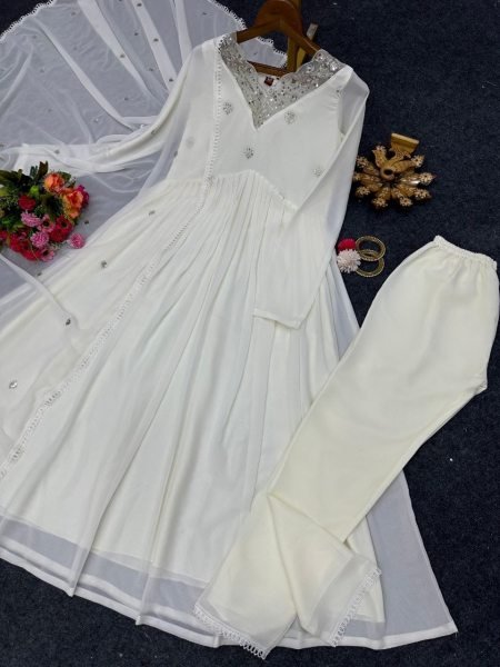 White Faux Georgette Sequence Work Suit 3 Piece Kurti Set