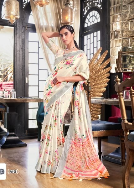 White Fields Floral Print Fancy Saree Collection Linen Sarees Wholesale