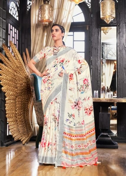 White Fields Floral Print Fancy Saree Collection Linen Sarees Wholesale