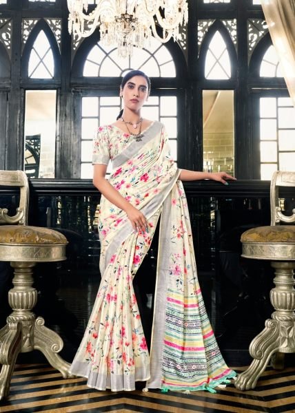 White Fields Floral Print Fancy Saree Collection Linen Sarees Wholesale