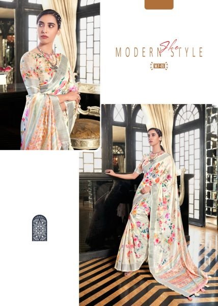 White Fields Floral Print Fancy Saree Collection Linen Sarees Wholesale