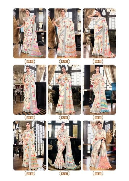 White Fields Floral Print Fancy Saree Collection Linen Sarees Wholesale