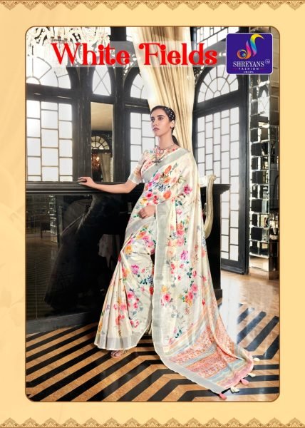 White Fields Floral Print Fancy Saree Collection Linen Sarees Wholesale