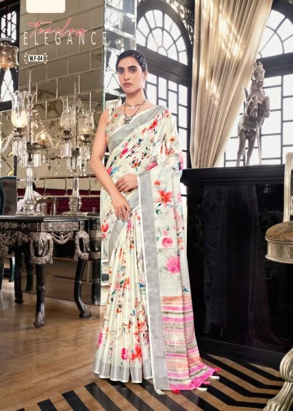 White Fields Floral Print Fancy Saree Collection Linen Sarees Wholesale