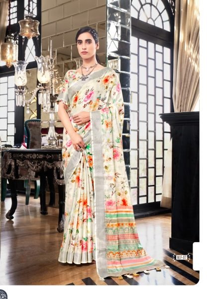 White Fields Floral Print Fancy Saree Collection Linen Sarees Wholesale