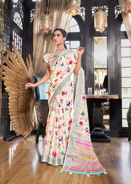 White Fields Floral Print Fancy Saree Collection Linen Sarees Wholesale