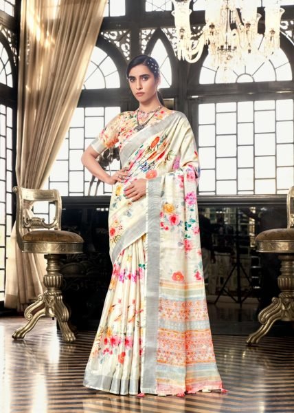 White Fields Floral Print Fancy Saree Collection Linen Sarees Wholesale