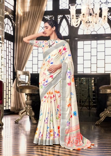 White Fields Floral Print Fancy Saree Collection Linen Sarees Wholesale