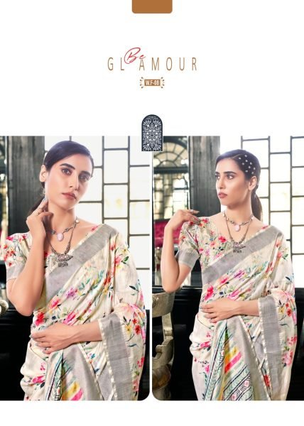 White Fields Floral Print Fancy Saree Collection Linen Sarees Wholesale