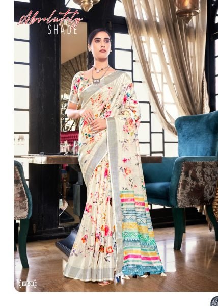 White Fields Floral Print Fancy Saree Collection Linen Sarees Wholesale