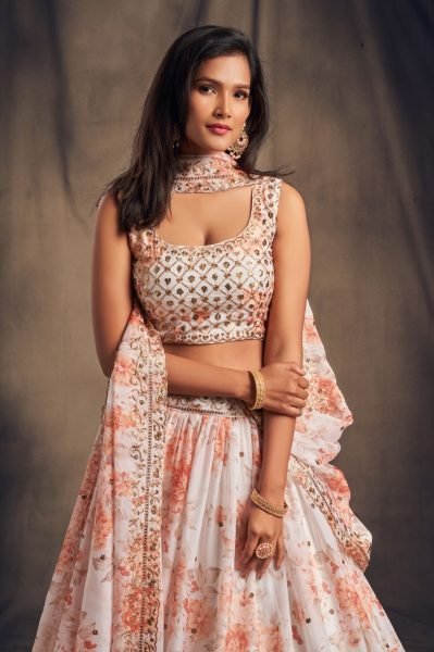White Floral Roses Printed Lehenga Choli Designer Lehenga Choli