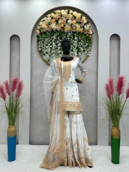 White Foux Georgette Sharara Suit With Thread   Sequence Work  3 Piece Kurti Set