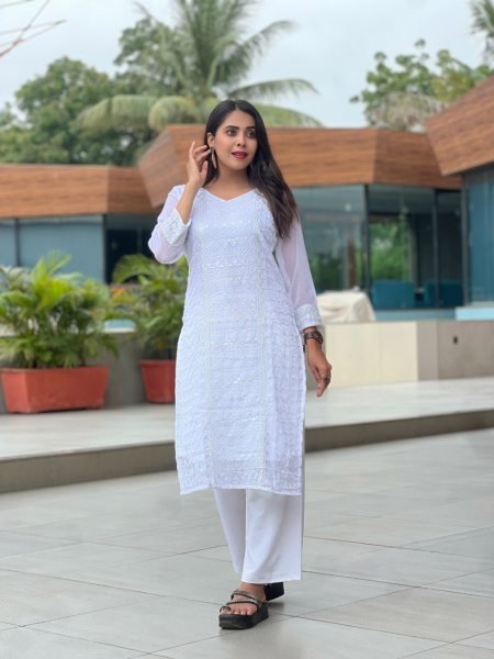 Premium Georgette Chikankari Kurti Designer Ethnic Wear for Women Georgette Kurti 