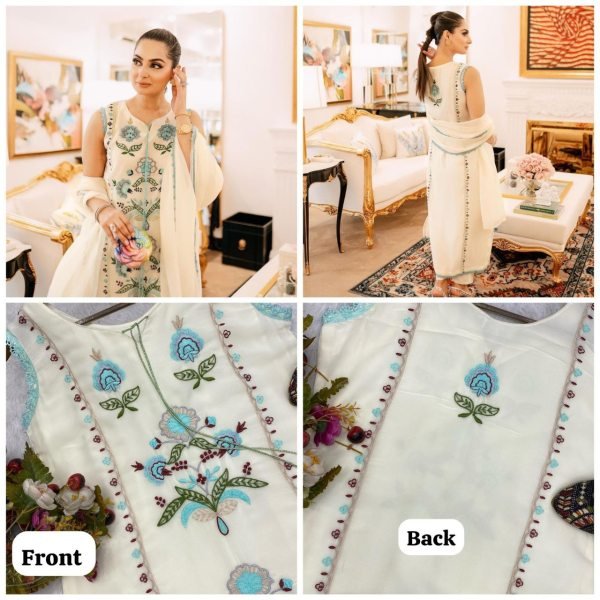 White Georgette Embroidered Kurti Set With Dori Latkan 3 Piece Kurti Set