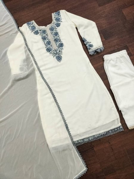 White Georgette Embroidered Kurti Pent With Dupatta  3 Piece Kurti Set