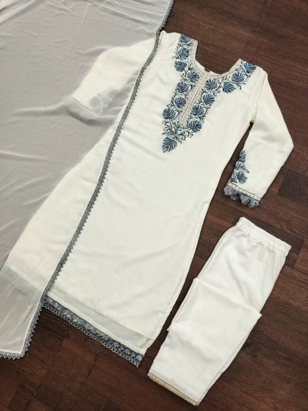 White Georgette Embroidered Kurti Pent With Dupatta  3 Piece Kurti Set