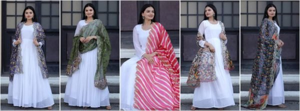 White Georgette Gown With Soft Organza Dupatta Kurti With Dupatta Wholesale