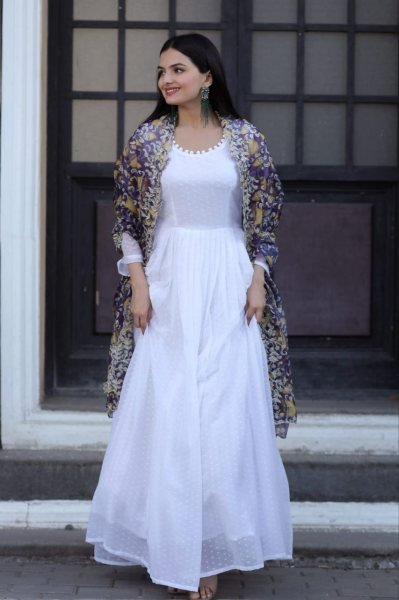 White Georgette Gown With Soft Organza Dupatta Kurti With Dupatta Wholesale
