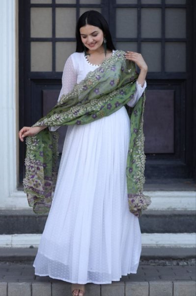 White Georgette Gown With Soft Organza Dupatta Kurti With Dupatta Wholesale