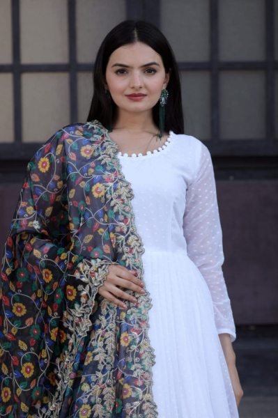 White Georgette Gown With Soft Organza Dupatta Kurti With Dupatta Wholesale