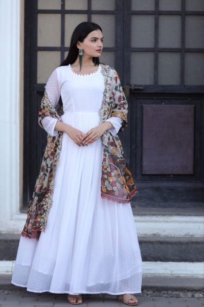 White Georgette Gown With Soft Organza Dupatta Kurti With Dupatta Wholesale